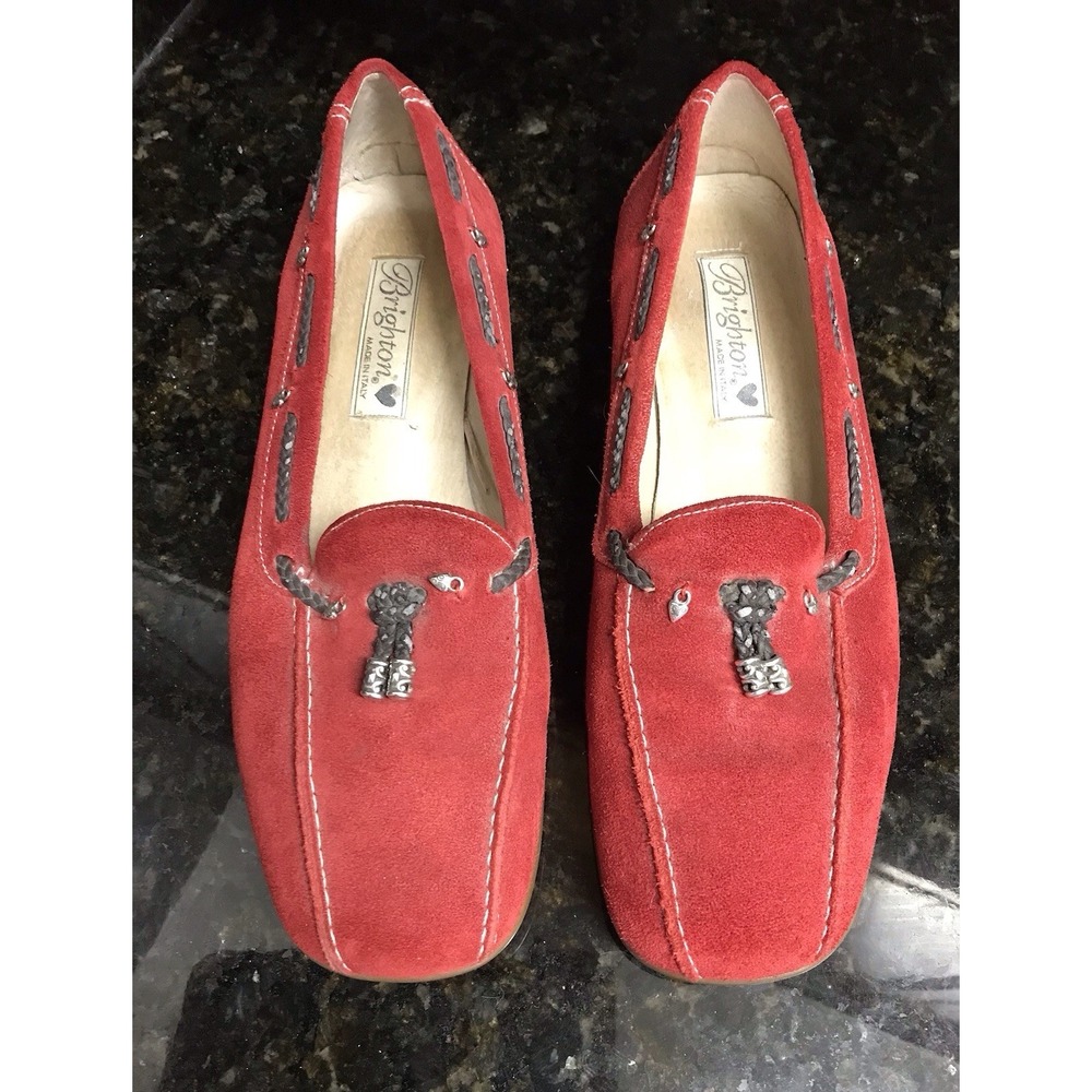 Brighton Shoes Red Suede Loafers Ulani Size 8-1/2 Slide Shoes 8.5 Charms Beads